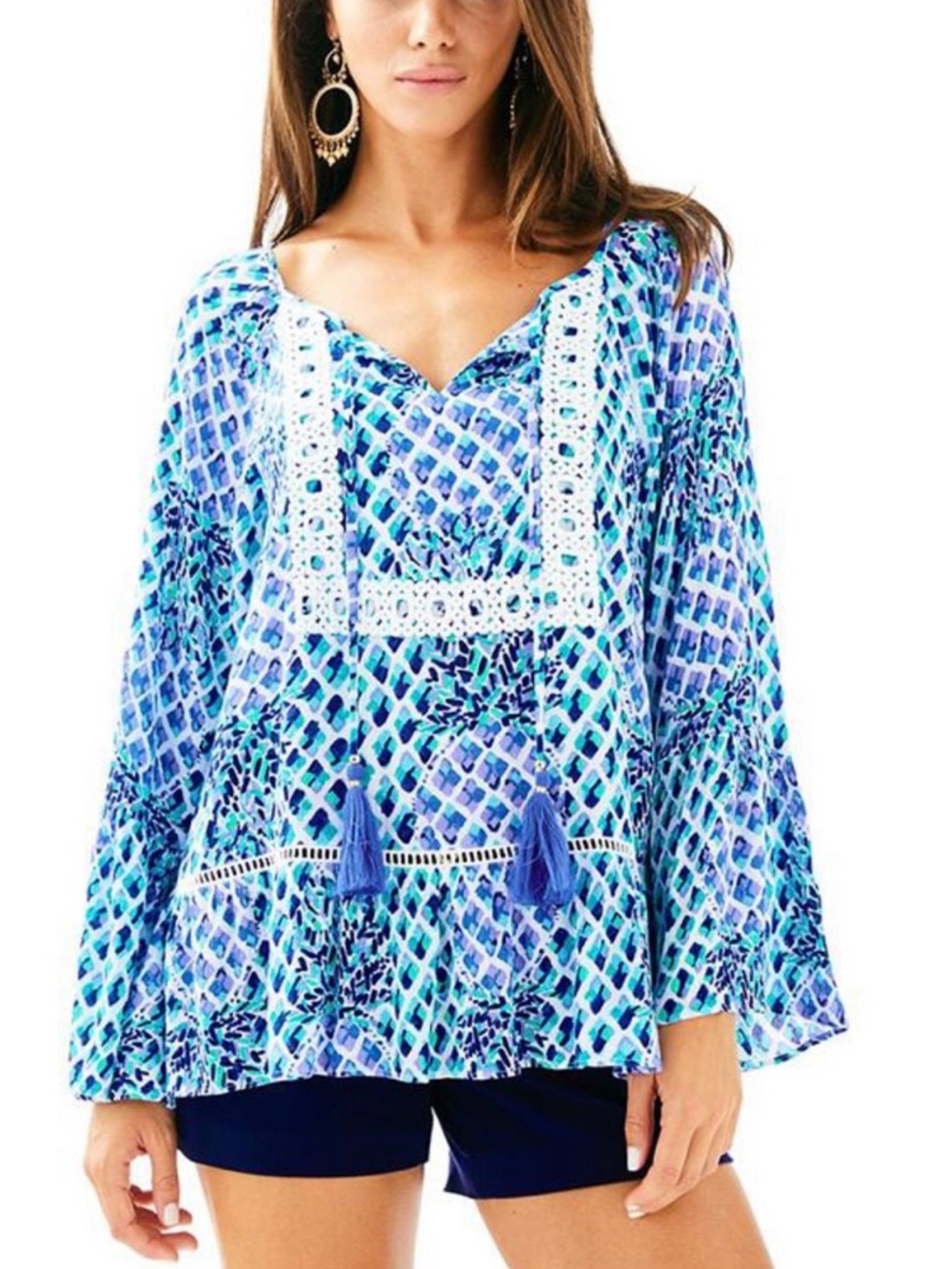 Lilly Pulitzer Amisa Tunic Top Toe In Blue Tassel Bell Sleeve S Preppy boho